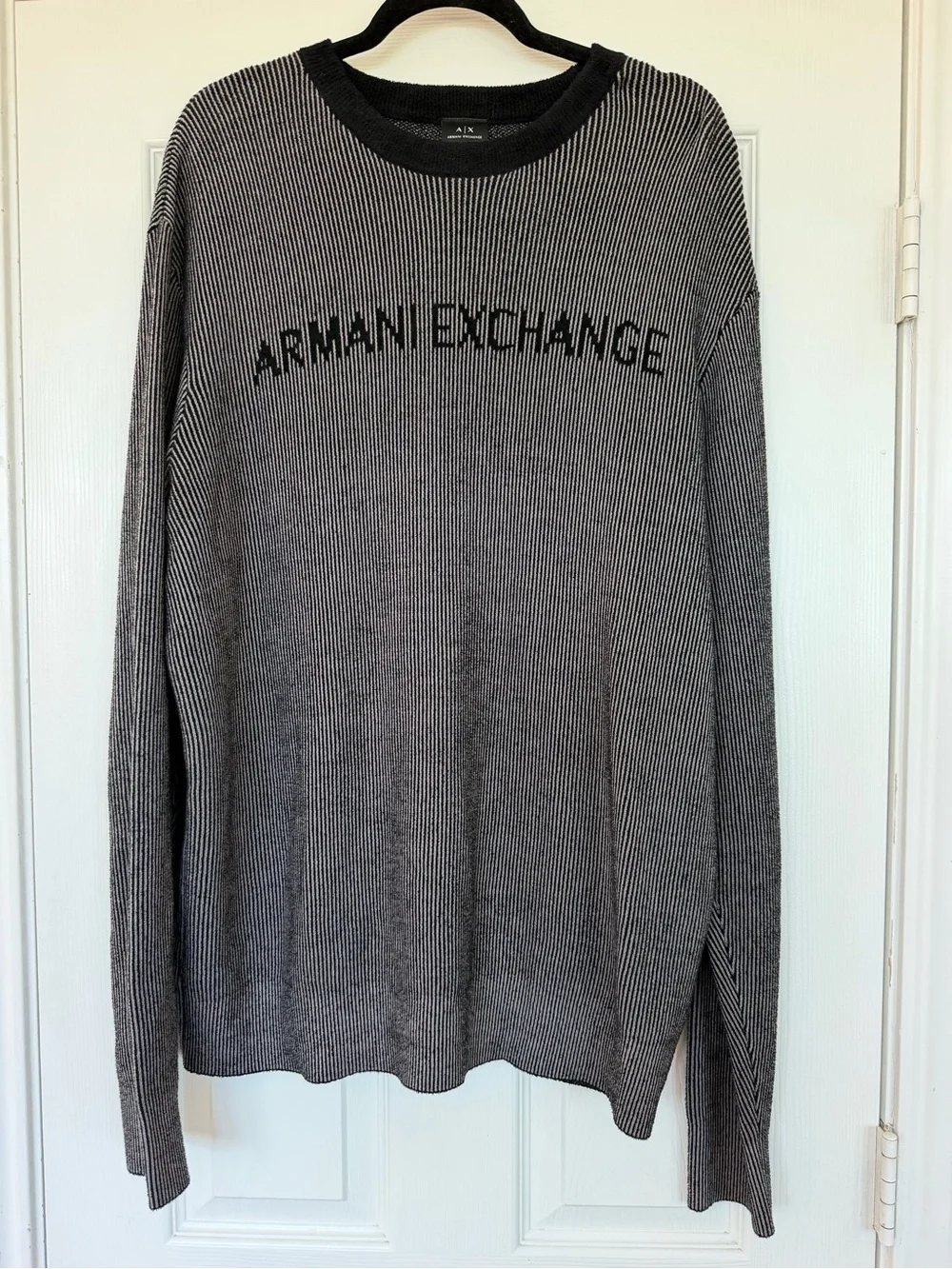 Armani Exchange Men’s XL Lines Logo Knit Sweater Black Pewter Gray